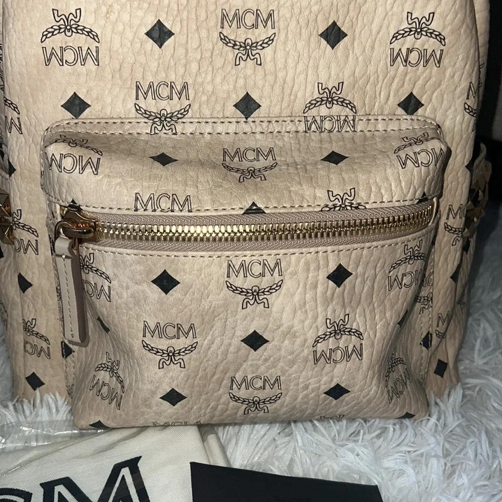 MCM Beige and Black Logo Backpack